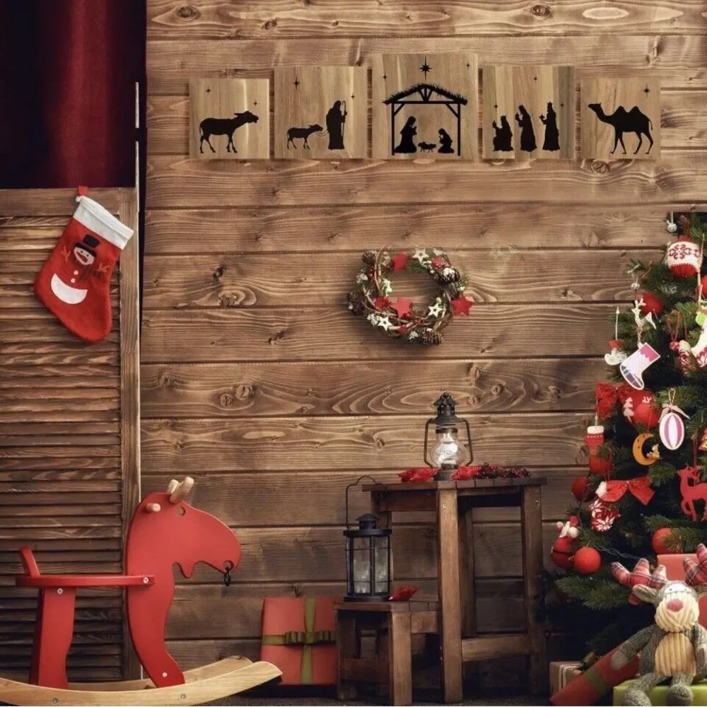 Christmas Nativity Scene 5‎  Pieces Wooden Hanging Frame Ornament Christmas